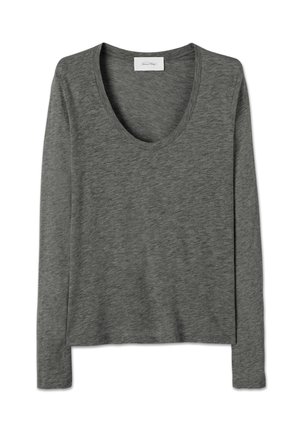 Tummanharmaa pitkähihainen paita, jossa on syvä pyöreä pääntie, valmistettu pehmeästä ja hieman melange-kankaasta, esitettynä tasaisena valkoisella taustalla.