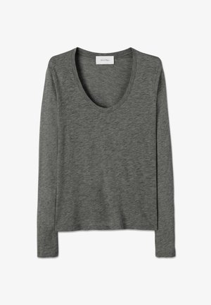 Dark grey long-sleeve shirt with a deep scoop neckline, made of soft, slightly heathered fabric, shown flat on a white background.