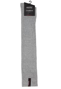 Gray over-knee socks made of a textured knit material. Features a folded top and a branded label with the word "Overknee." One size fits 36-41.