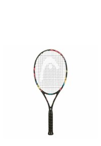 Schwarzer Tennisschläger mit einem kopf mit mehrfarbigem Muster, strukturiertem Griff und einem Netz aus Saiten. Verfügt über eine gebogene, tröpfchenartige Form.
