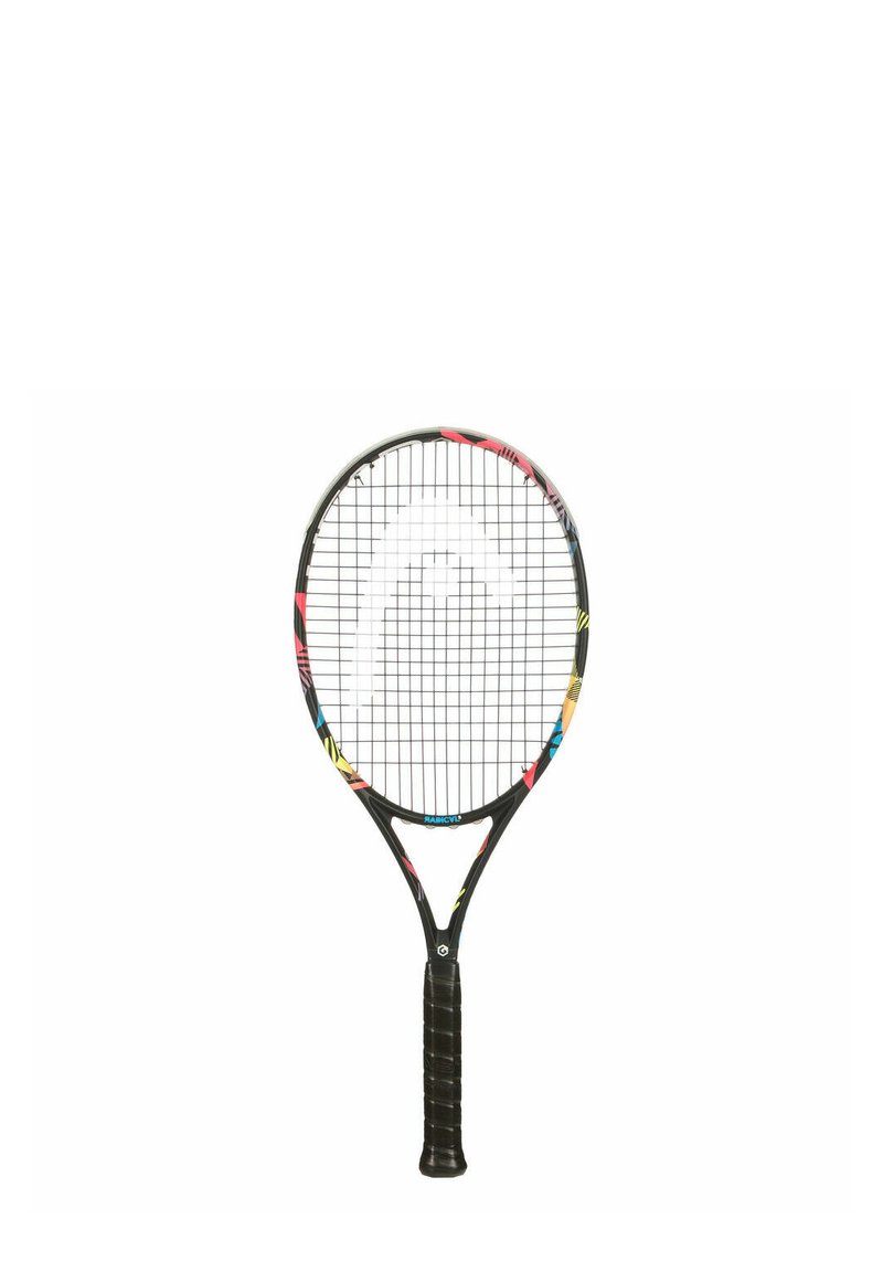Schwarzer Tennisschläger mit einem kopf mit mehrfarbigem Muster, strukturiertem Griff und einem Netz aus Saiten. Verfügt über eine gebogene, tröpfchenartige Form.