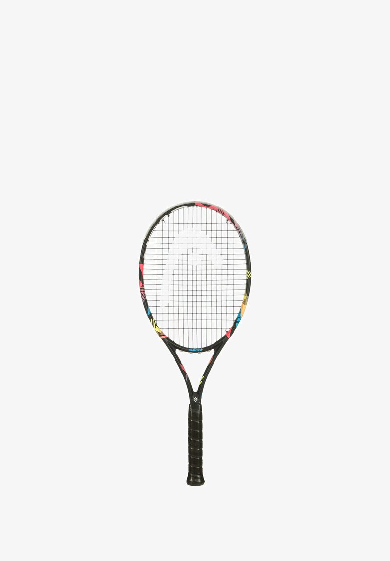 Schwarzer Tennisschläger mit einem kopf mit mehrfarbigem Muster, strukturiertem Griff und einem Netz aus Saiten. Verfügt über eine gebogene, tröpfchenartige Form.