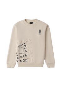 Sudadera beige hecha de una tela suave. Presenta letras texturizadas y acentos gráficos en negro en la parte frontal. Cuello redondo y puños acanalados.