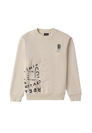 Felpa beige realizzata in tessuto morbido. Presenta lettering testurizzato e dettagli grafici neri sul davanti. Collo rotondo e polsini a coste.