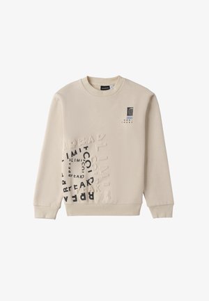 Sudadera beige hecha de una tela suave. Presenta letras texturizadas y acentos gráficos en negro en la parte frontal. Cuello redondo y puños acanalados.