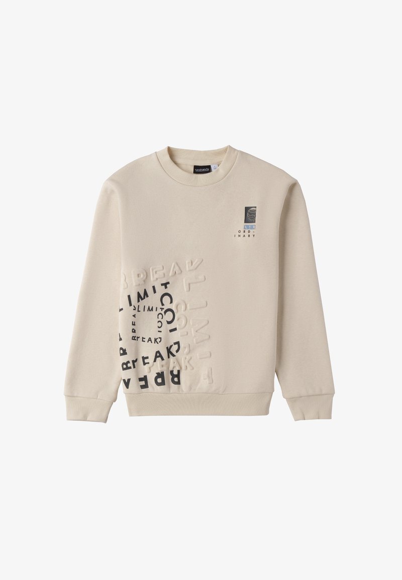 Sudadera beige hecha de una tela suave. Presenta letras texturizadas y acentos gráficos en negro en la parte frontal. Cuello redondo y puños acanalados.