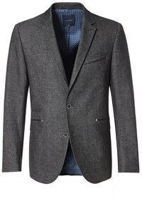 Szary marynarka o fakturze, z dwoma guzikami, klapami z wycięciem oraz przednią kieszenią. Wnętrze wyściełane geometrycznym wzorem w kolorze granatowym.