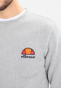 Sudadera gris hecha de mezcla de algodón, con un logo redondo en naranja y rojo con el texto "ellesse" en el pecho, tela texturizada y cuello redondo.