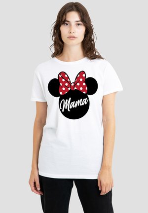 White cotton t-shirt featuring a black Mickey Mouse face graphic with a red polka dot bow and the word "Mama" in white cursive text.