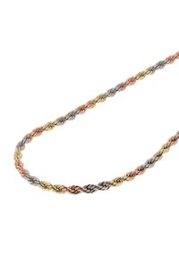 Csavart fém nyaklánc rózsaarany, sárga arany és ezüst színekben; fonott mintázattal rendelkezik, sima, fényes felülettel.