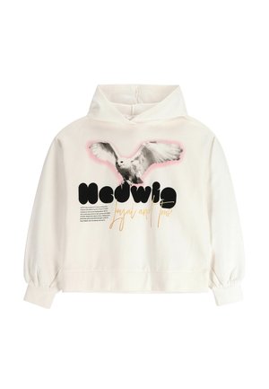 Kremowy hoodie w oversize'owym stylu, z grafiką sowy oraz stylizowanym napisem "Hedwig" nad "loyal and true."