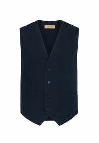 Gilet blu navy con tessuto testurizzato, scollo a V, chiusura con sei bottoni e due tasche frontali. Vestibilità slim con orlo curvo.
