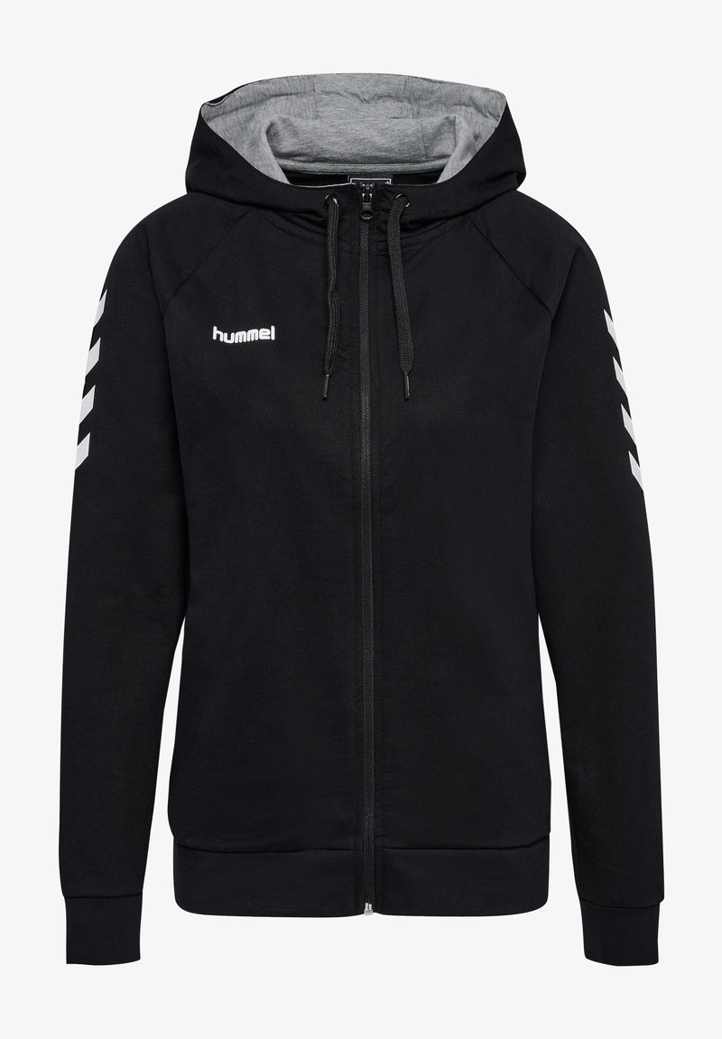 Hoodie zippé noir en tissu doux, avec capuche grise doublée, logo blanc et accents en chevron blancs sur les deux manches.
