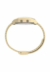 Guldfarvet armbåndsur med en rund kasse, to trykknapper på siden og et fleksibelt metaltrem, der har rektangulære led.