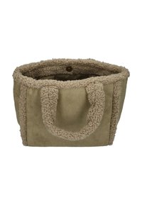 Beige Tragetasche mit weichen, strukturierten Fleece-Akzenten, robusten Griffen und einer Wildleder-ähnlichen Außenseite. Abgerundete Form, offener oberen Teil mit Druckknopfverschluss.