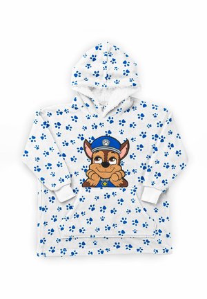 Weißes Kapuzen-Sweatshirt mit blauen Pfotenabdrücken und einem Cartoon-Hund mit Polizeimütze, der sein Kinn auf den Pfoten im Bereich der vorderen Tasche abstützt.