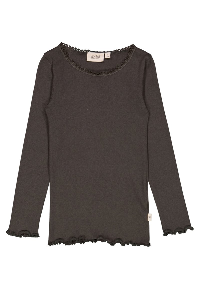 Camisa de manga larga, gris oscuro, hecha de suave algodón con un escote y dobladillo ondulados. Presenta una etiqueta de marca en el lado.