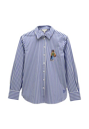 Blue and white vertical striped long-sleeve button-up shirt with a small embroidered figure of a person wearing a coat and hat on the chest.