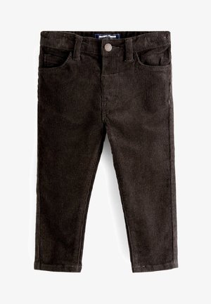 Pantalones de pana marrón oscuro con bolsillos delanteros, trabillas para cinturón y cierre con botón metálico, diseñados para niños.