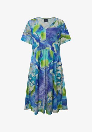 Kurzärmliges Kleid mit V-Ausschnitt, aus leichtem Stoff mit einem blau-grünen abstrakten Blumenmuster und einem ausgestellten Schnitt.