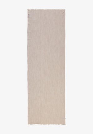 Beige, lang, rechthoekig linnen sjaal met subtiele textuur en franjes aan beide uiteinden, kleine merklabel in de onderste hoek.