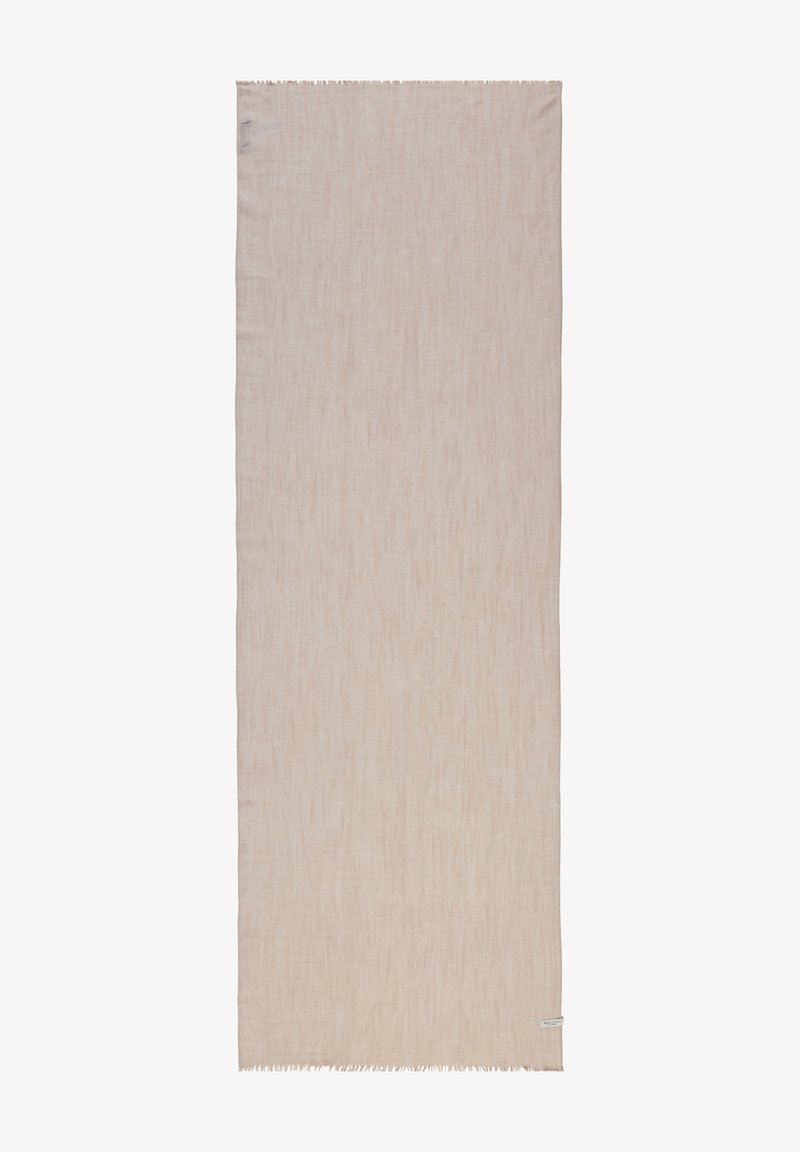 Beige, lang, rechthoekig linnen sjaal met subtiele textuur en franjes aan beide uiteinden, kleine merklabel in de onderste hoek.