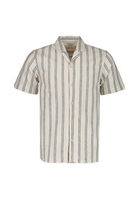 Kortemouw, knoopsluiting shirt in beige stof met verticale marineblauwe strepen. Bevat een camp collar en een relaxte pasvorm. Gestructureerd, lichtgewicht materiaal.