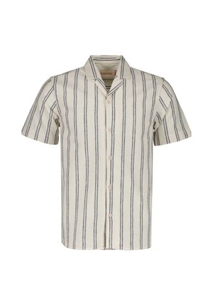 Chemise à manches courtes, à boutons, en tissu beige avec des rayures verticales bleu marine. Dotée d'un col camp et d'une coupe décontractée. Matériau léger et texturé.