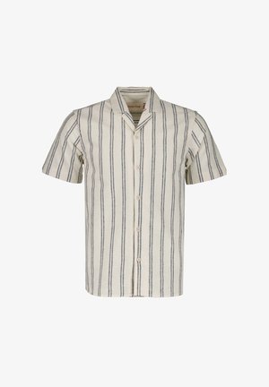 Chemise à manches courtes, à boutons, en tissu beige avec des rayures verticales bleu marine. Dotée d'un col camp et d'une coupe décontractée. Matériau léger et texturé.