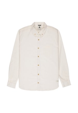 Jasno beżowa koszula z długim rękawem, zapinana na guziki, z klasycznym kołnierzykiem, złotymi guzikami, pojedynczą kieszenią na piersi i delikatną teksturą.