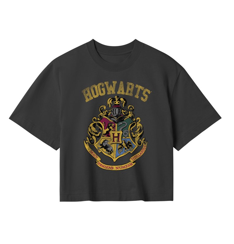 Černé zkrácené tričko se zlatým nápisem "HOGWARTS" a barevným znakem Bradavic, zobrazující složité detaily a vzory.