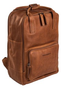 Zaino in pelle marrone con forma rettangolare, dotato di due cerniere, tasche laterali e una tasca frontale con cerniera per il riposo.