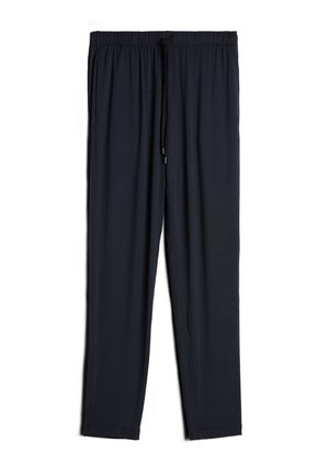 Pantalons de jogging bleu marine avec une taille élastique, des cordons de serrage et deux poches latérales, fabriqués à partir d'un tissu doux et léger.