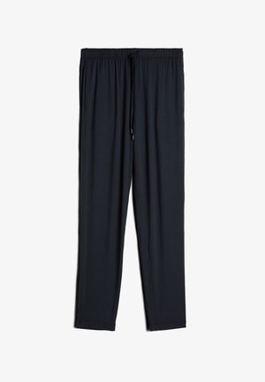 Marineblaue Jogginghosen mit elastischem Bund, Kordelzugverschluss und zwei Seitentaschen, aus einem weichen, leichten Stoff gefertigt.
