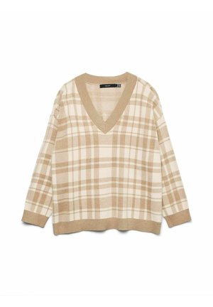 Beige V-hals trui met ruitpatroon, voorzien van lange mouwen en geribbelde manchetten. De textuur lijkt zacht en licht van gewicht.
