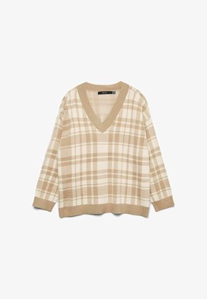 Beige V-hals trui met ruitpatroon, voorzien van lange mouwen en geribbelde manchetten. De textuur lijkt zacht en licht van gewicht.