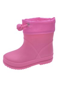Botte de pluie en caoutchouc rose avec une semelle texturée, un haut à cordon et une finition lisse. Présente un embout arrondi et un dessus flexible.