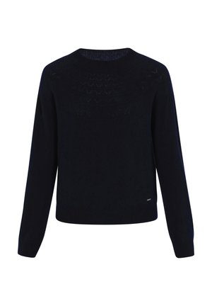 Pulover tricotat de culoare bleumarin, cu mâneci lungi, având un model texturat la piept și un decolteu rotund. Manșete și tiv cu caneluri.