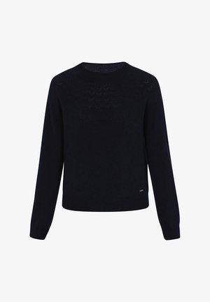 Mornarsko plava pletena džemper s dugim rukavima, koji se ističe teksturiranim uzorkom na prsima i okruglim izrezom. S rukavima i donjim rubom s rebrastim završetkom.