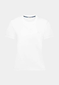 T-shirt blanc uni à manches courtes avec col rond et petit logo discret sur la poitrine gauche, présenté sur un fond gris clair.