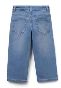 Culottes de mezclilla azul con cintura de alta media, que cuentan con dos bolsillos traseros y un pequeño logotipo bordado encima del bolsillo derecho.