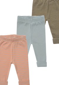 Drei Paar gestreifte Leggings: hellorange mit dünnen orangenen Streifen, hellblau mit grauen Streifen und braun mit dunklen Streifen.