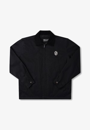 Black zip-up jacket with a textured collar, buttoned cuffs, and a subtle emblem on the chest. Material appears smooth and durable.