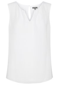 Top sans manches blanc avec un décolleté en V et une ouverture en goutte d'eau à l'arrière. Fabriqué en tissu léger avec des plis discrets aux épaules.