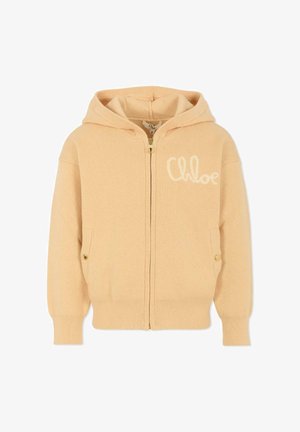 Beige gebreide vest met rits, met geribde manchetten, voorzakken met knopen en het "Chloé"-logo op de borst.