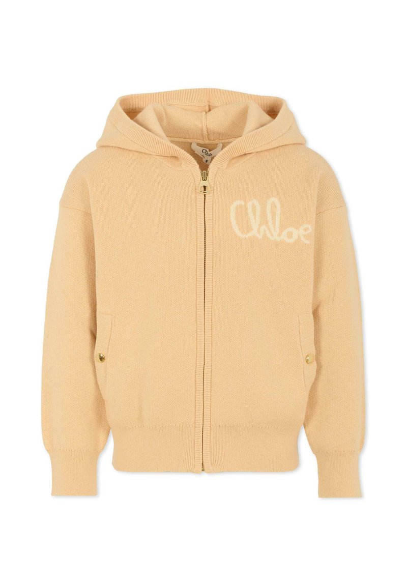 Beżowy dzianinowy hoodie na zamek błyskawiczny z prążkowanymi mankietami, przednimi kieszeniami z guzikami oraz logo "Chloé" na klatce piersiowej.