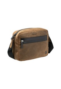 Borsa a tracolla in pelle marrone con una tasca grigia con zip, cinturino nero regolabile e dettaglio del logo impresso sul lato. Texture liscia.