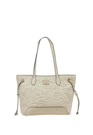 Borsa tote trapuntata beige con due manici, targhetta con logo color oro e coulisse laterali regolabili.