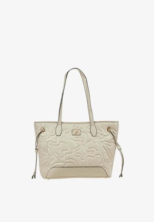 Bolso tote beige acolchado con dos asas, placa con logo en tono dorado y cordones laterales ajustables.