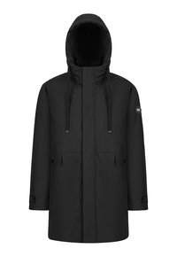 Czarna wodoodporna parka z kapturem, regulowanymi sznureczkami, dwiema przednimi kieszeniami i detalem mankietów zapinanym na guziki. Gładka faktura i minimalistyczny design.